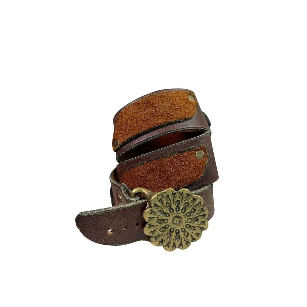 Vintage 70's Brown Leather & Suede Patchwork Belt w/ Floral Solid Brass Buckle L